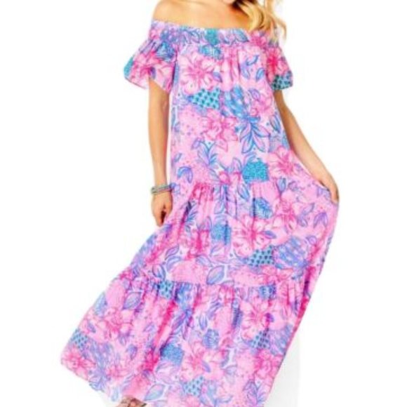 Lilly Pulitzer Dezi Off-The-Shoulder Maxi Dress Pink Isle Snappy Turtle - Size L - Picture 1 of 1